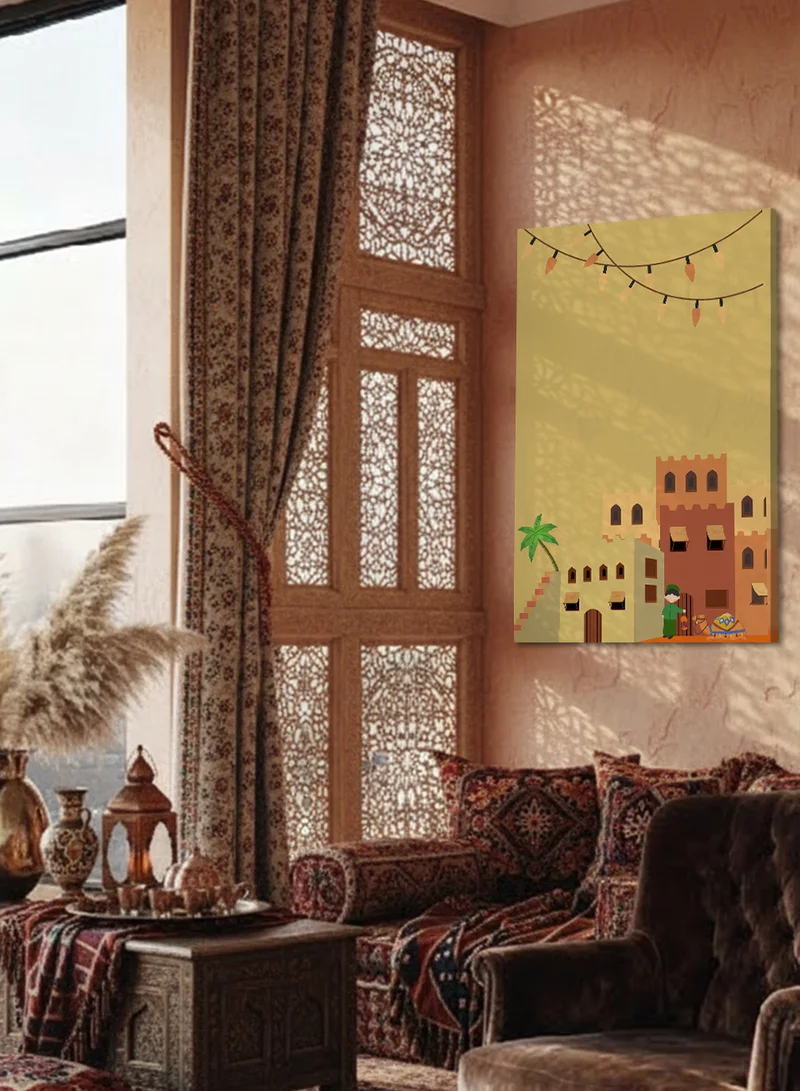 لوحة لوحة كانفاس على إطار خشبي بتصميم صبي يحمل فانوس رمضان